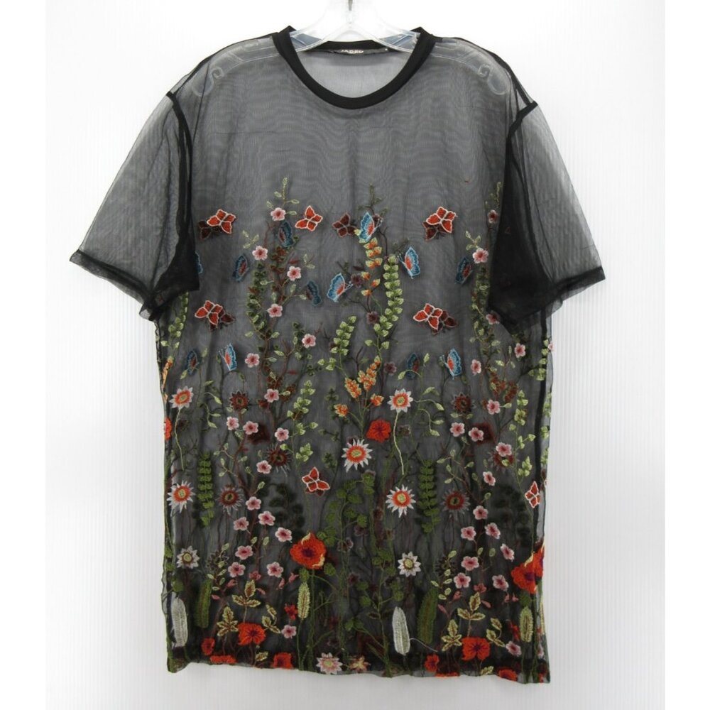 Jaded London Top Small Sheer Mesh Shirt Floral Art To Wear Butterfly